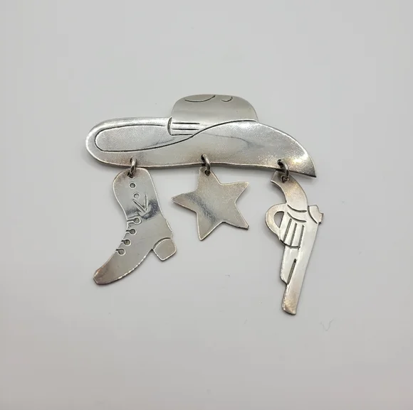 Vintage 925 Sterling Silver Taxco Mexico Large Western Cowboy Hat Pin Brooch - Picture 6 of 12
